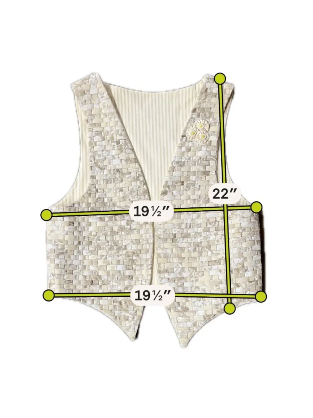 Handmade Vest Woven Daisy Accents Floral Open Front Beige Cream Yellow Flowers - Picture 5 of 5